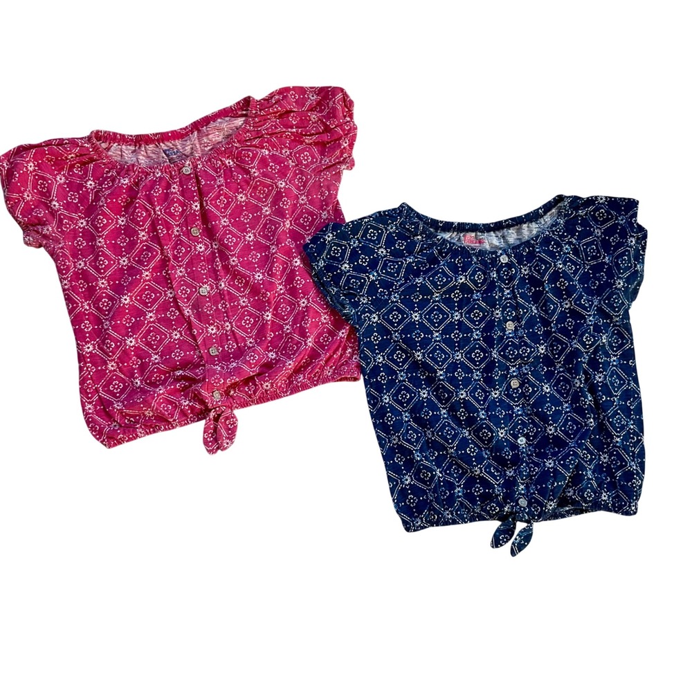 Epic Threads Girls XL Tie Front Button Down Tops 2 Pack Pink Navy Blue Geometric
